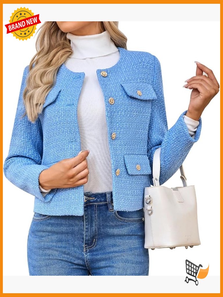 Tweed Blazer Jacket Long Sleeve Button Down Cropped Coat Casual Business